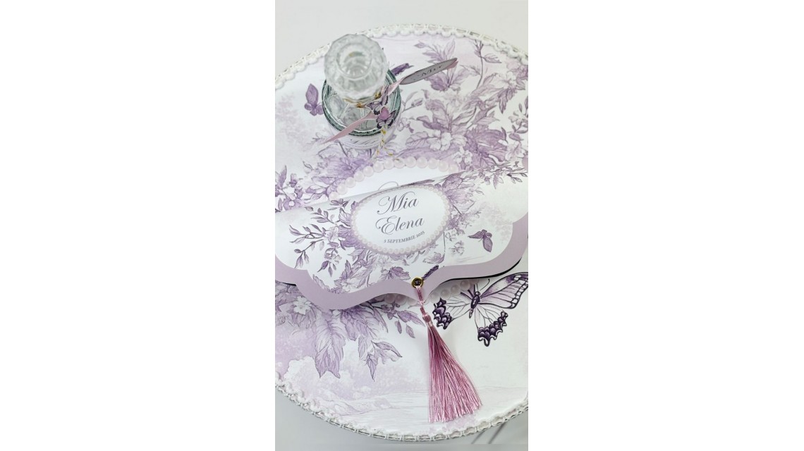 Trusou botez Purple Toile cu fluturi și flori mov personalizat 2